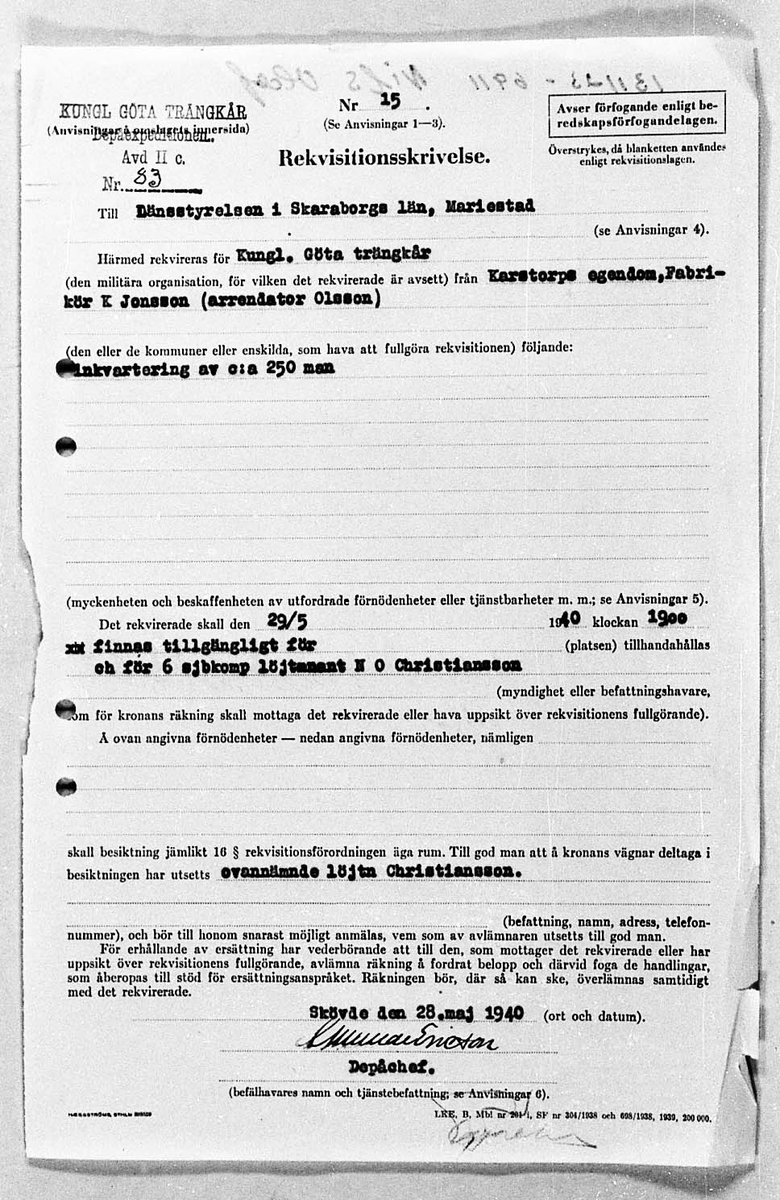 Rekvisitionsskrivelse från T 2 1940