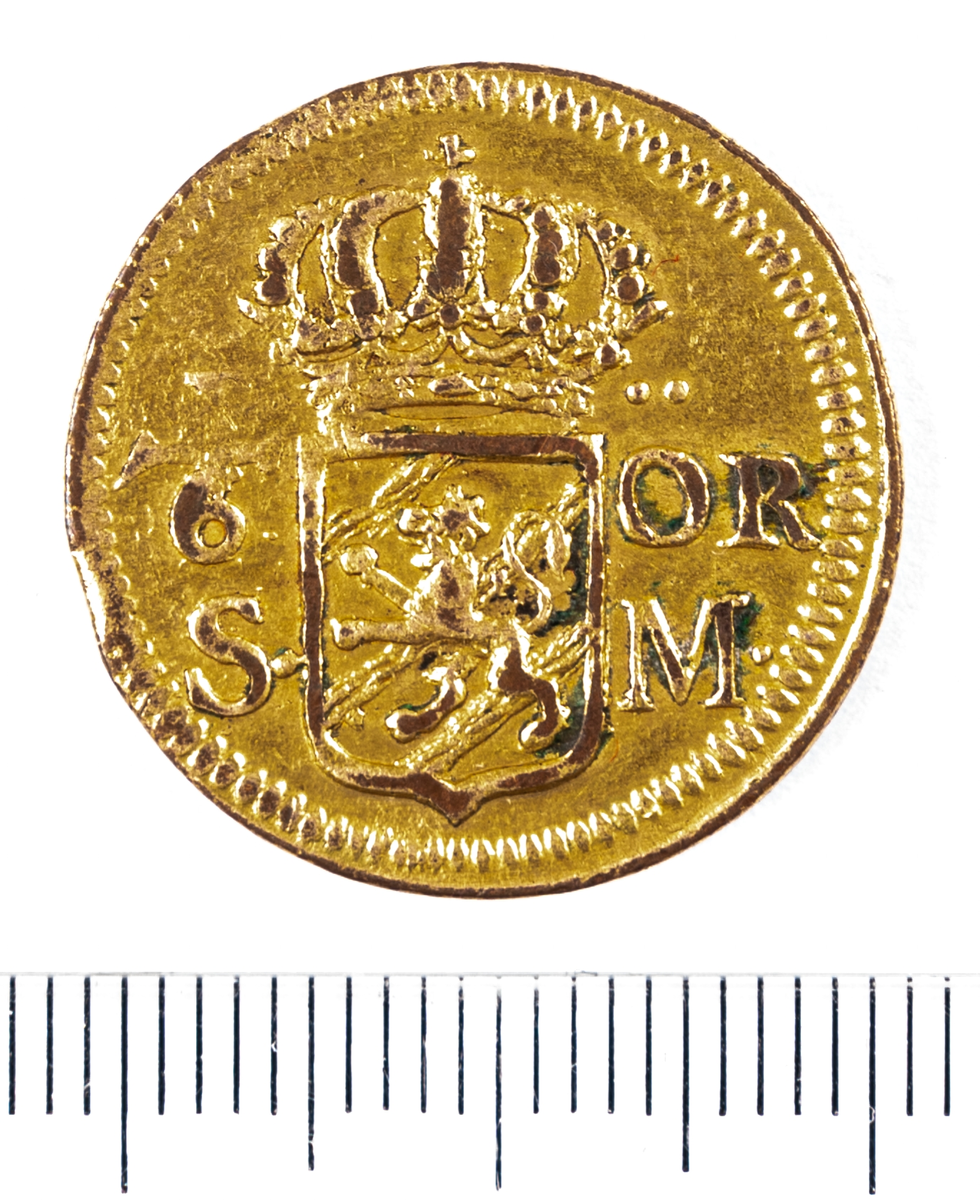 Mynt, Sverige, 1/6 öre s.m. förgyllt, 1718.