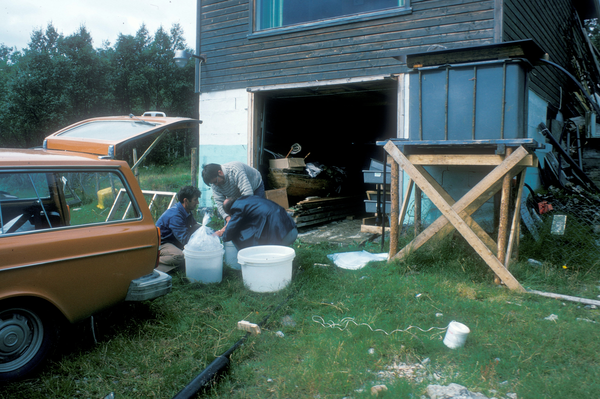 Tromsø, 1976, Unifisk : 3 menn utendørs med poser og bøtter med vann