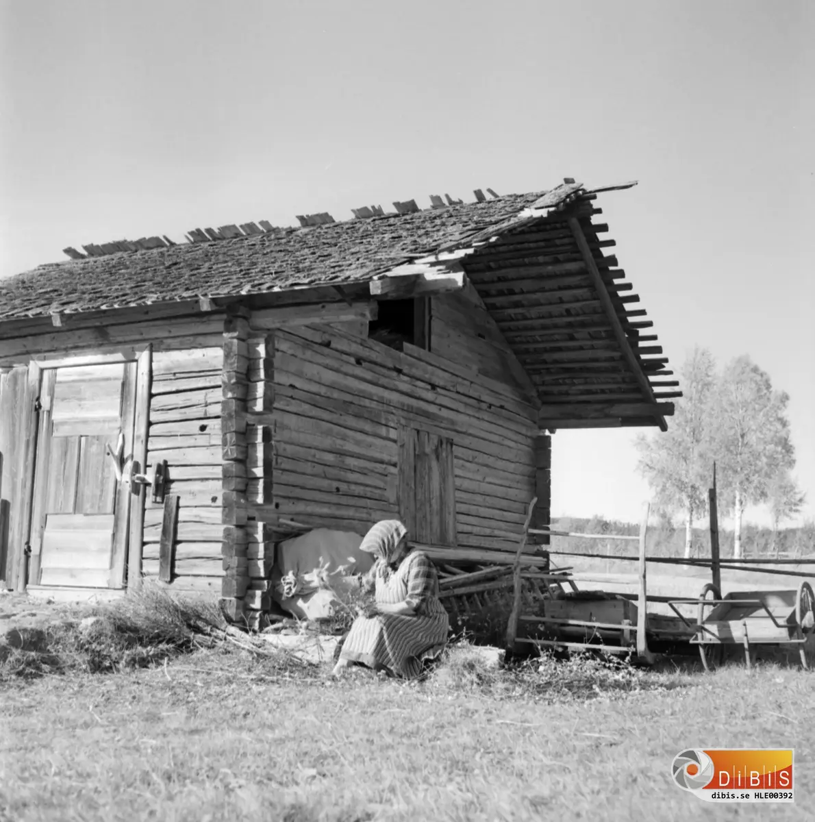 Stuga vid gamla landsvägen. med gumma.
kvastbindning.