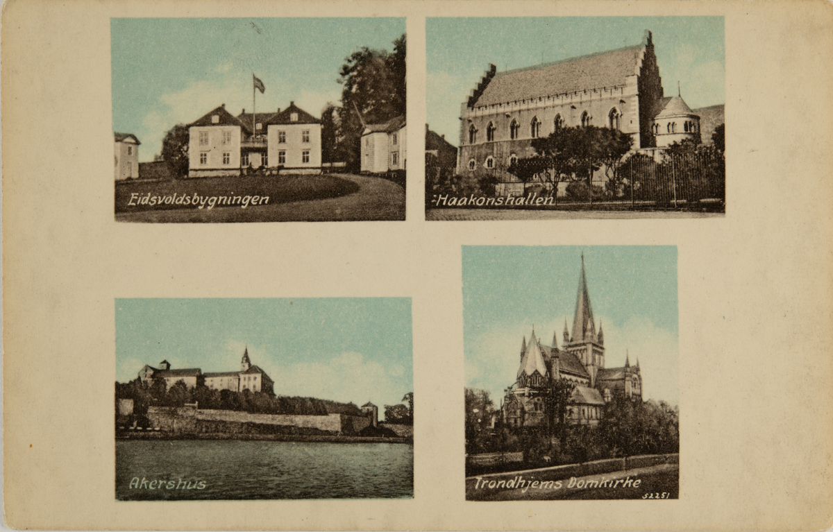 Eidsvollbygningen, Håkonshallen, Akershus festning, Nidarosdomen.