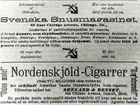 Reklam för Svenska Snusmagasinets tobaksprodukter och Nordenskjölds-cigarrer.