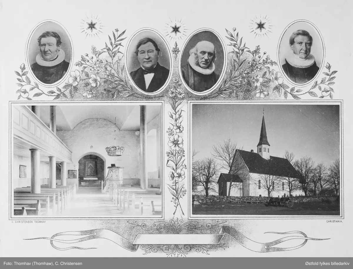 Montasje med bilde av Rygge kirke, eksteriør samt interiør, ant. 1890-tallet. Portrett av sogneprestene i Rygge kirke i perioden 1832 - 1886. 
Fra venstre: Johan Henrik Gude, Hans Wille, Christian Ulrik Sundt og Iver Olaus Widerøe.
Utsnitt av preste portrettene, se ØFB.1981-00478, 00479, 00480, 00481, kirkene på ØFB.1982-00476 og 00477.