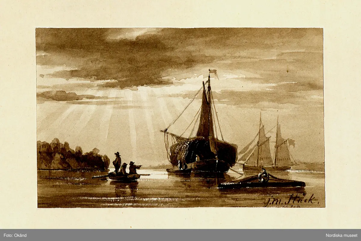Skuta högt lastad med hö "i Stockholms närhet". Original-lavering i brunt och vitt av konstnären Josef Magnus Stäck, signerad 1842, ca 10x15 cm.