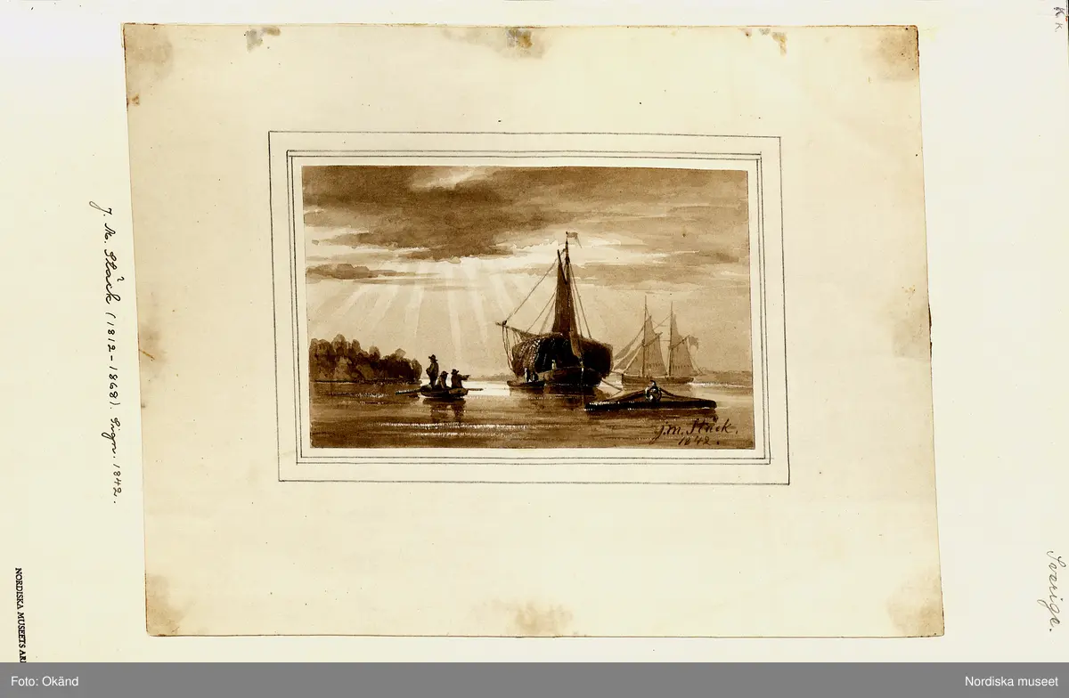 Skuta högt lastad med hö "i Stockholms närhet". Original-lavering i brunt och vitt av konstnären Josef Magnus Stäck, signerad 1842, ca 10x15 cm.
