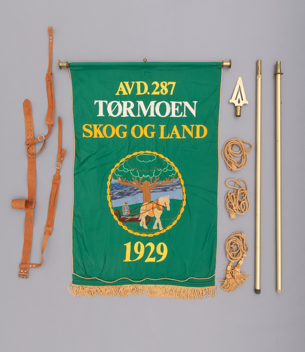 Fane, fagforeningsfane, som opprinnelig har tilhørt Tørmoen skog- landarbeiderforening (Tørmoen Skog og Land), avdeling  nr. 287 i Norsk skog- og landarbeiderforbund. Det antas at fana er utført i bomullsateng. Fanduken har grønn forside og bakside. Nederkanten på fana er utstyrt med gule (gullfargete) frynser, lags kanten er det påsydd en gul (gullfarget) snor. Øverst er fana utstyrt med en gjennomgående stang (rundstokk av tre), med en messinghylse i hver ende og øyeskrue av messing på midten. Faneduken henges på fangestanga i denne øyeskruen. Forstykket har brodert motiv og bokstaver i fargene: gult, hvitt, brunt, grått, grønt og oransje. Motivet på framsiden viser en hest som trekker et landbruksredskap og en kjørekar som styrer hesten. Bak hest og kjørekar er det et tre og en blå himmel. Motivet innrammes med en brodert "gullenke". Baksiden er dekorert med Norsk skog- og Landarbeiderforbunds "merke" som består av forbundets initialer N. S. L. F. i hvite bokstaver, en ljå, ei øks og en spade. Disse arbeidsredskapene er omkranset av en brun lenke som holdes sammen med en benningsbjønn (bendebjørn).
