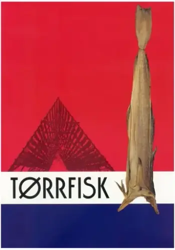 Vi ser en forside på et hefte, i fargene rødt, hvitt og blått, med et fiskehjell og en tørrfisk på. Tittelen er tørrfisk. 