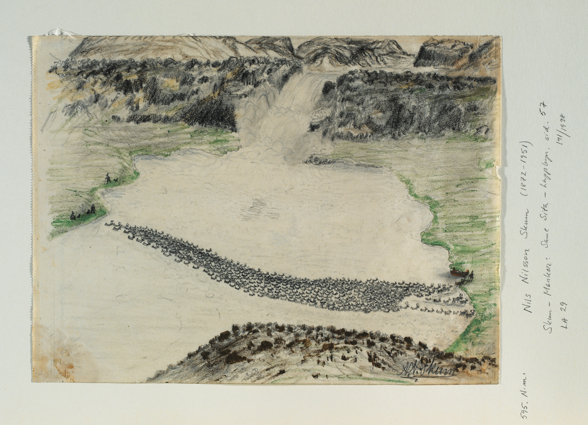 Renhjord drivs (simmar) över fjällsjö nedanför vattenfall. Teckning i krita av Nils Nilsson Skum, troligen utförd mellan 1930 och 1938.