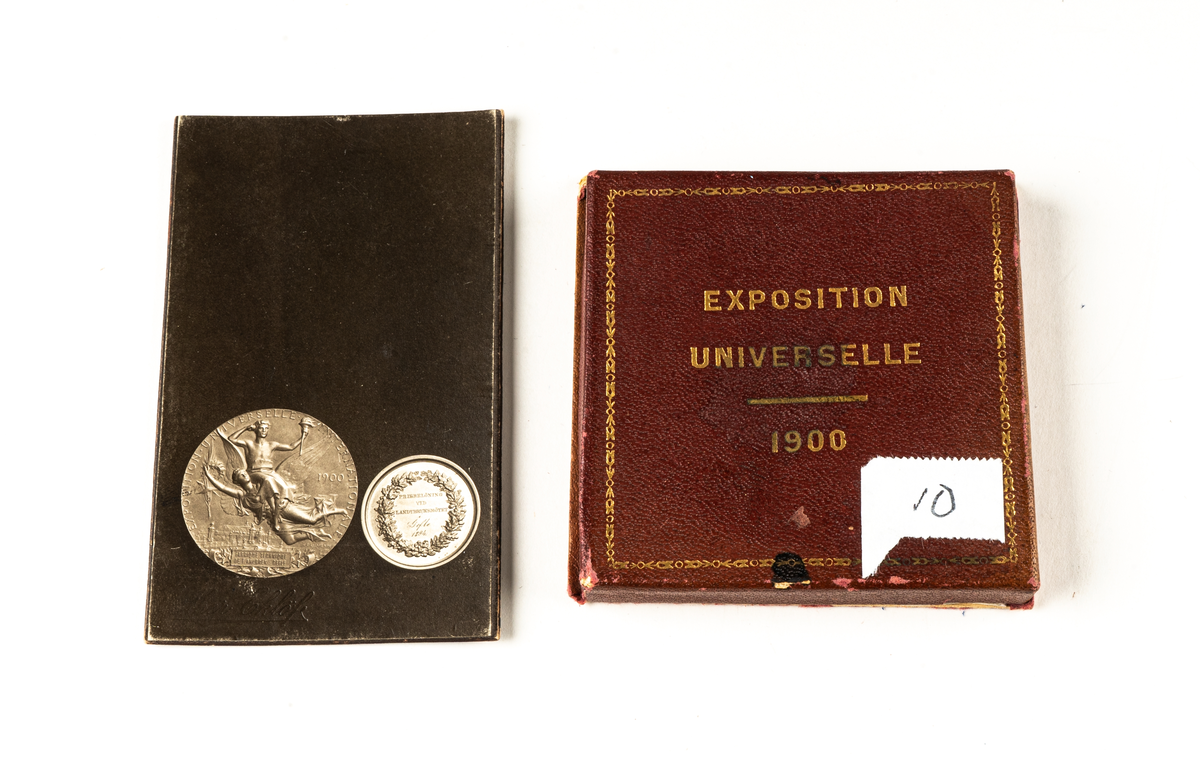 Medaljen från Ahlgrens medaljsamling. Tilldelades Ahlgrens Tekniska Fabrik AB år 1900 vid Exposition Universelle, en världsutställning i Paris. Den är bronzfärgad. Till medaljen medföljer även två äldre svartvita fotografier av samma objekt, tagna av fotografen Esther Eklof från Gävle. Medaljen förvaras i den ursprungliga röda sametsklädda pappersasken, som uppvisar tecken på ålders- och bruksslitage, bland annat har locket separerat från asken (fästet var i tunt vitt tyg).