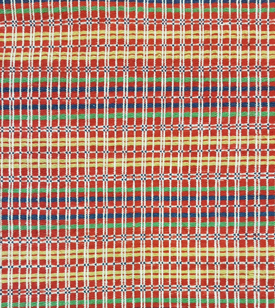 Tidigare katalogisering enl uppgift av Elisabeth Thorman:

Vävnad 78 x 76, från Dalarna. Munkabältesvariation.
Vit bomullsvarp. Väften i ullgarn, rosa med något blått, grönt och gult.
Anordnad av Gustaf Anckarcrona /42/

Utställd på Nordiska museet 1957-1958