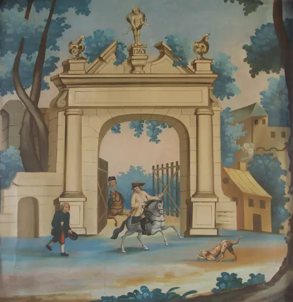 Utsnitt av tapetet i storstua, malt av Tunmarck i 1763.