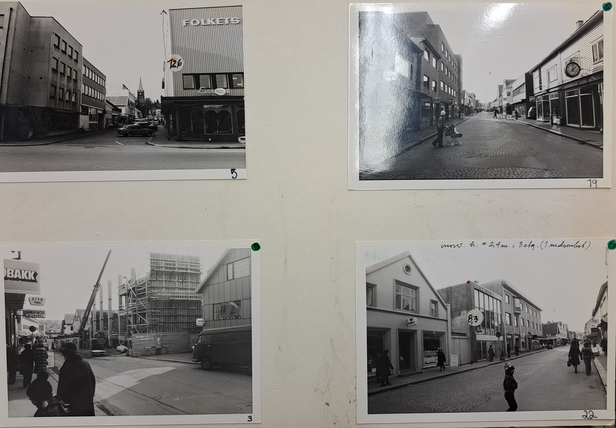 Foto tatt av byplankontoret ifm. byutvikling og saksbehandling, samt nokre eldre foto. Dokumenterar ulike bygningsmasser og gateløp som no kan vere endra.