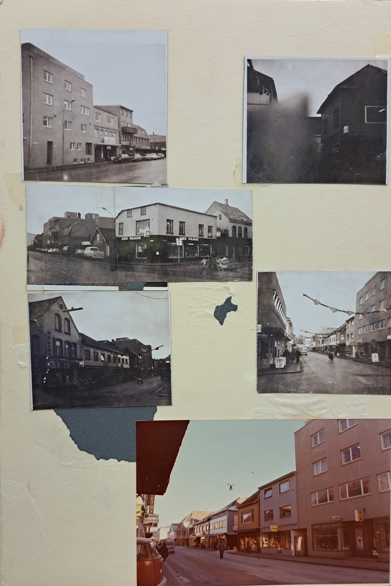Foto tatt av byplankontoret ifm. byutvikling og saksbehandling, samt nokre eldre foto. Dokumenterar ulike bygningsmasser og gateløp som no kan vere endra.