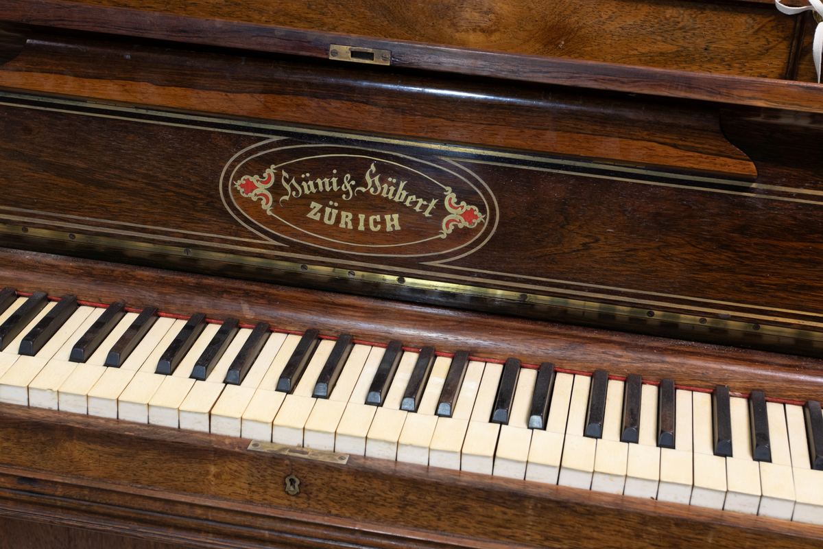 Piano med stående pianokasse i finert jakaranda med pianolokk, lite topplokk og to dreide, fremre konsollben. På sidene er to bærehåndtak i messing. Over pianolokket er to lysholdere i messing og porselen. To pedaler.