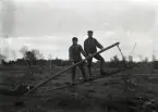 Fie Jakob Karlsson t v och svärsonen Alfred Olsson håller troligen på med nyodling och bryter upp stubbar med en sorts hävstång. Det är uppenbarligen milt och fint väder den 2:a januari utan tjäle i jorden.