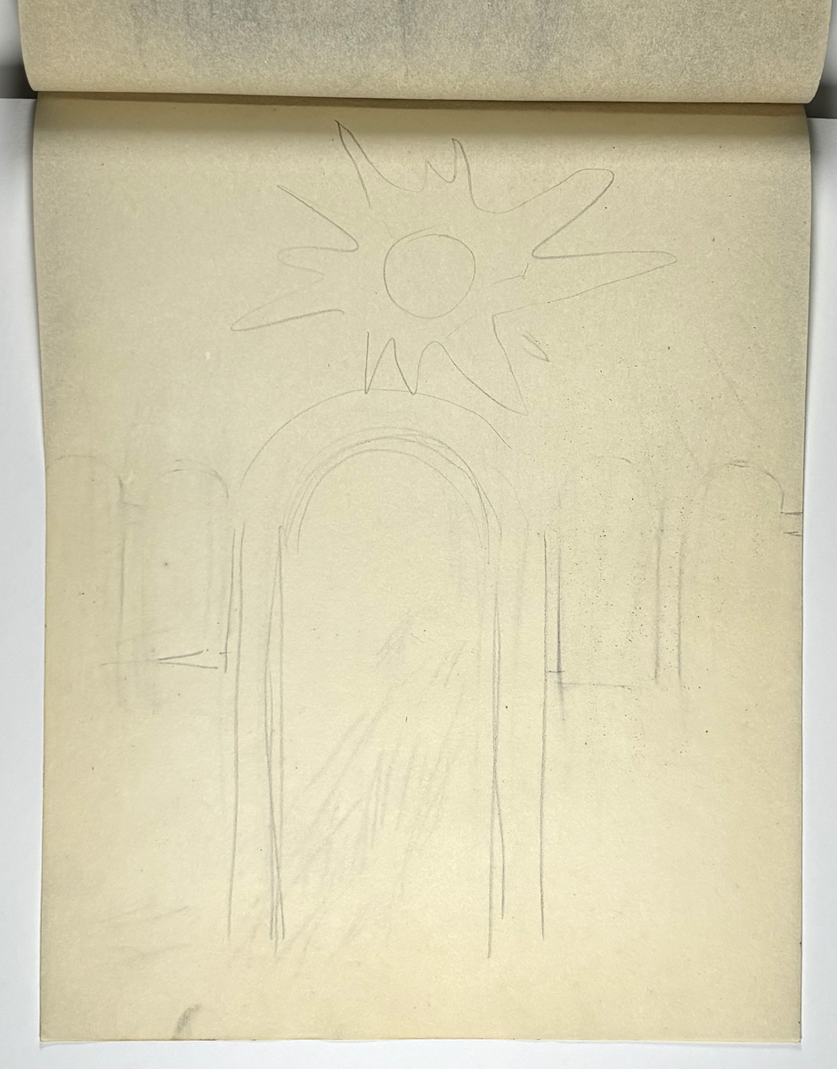 Skissebok, brun med svart rygg, liggende format, står Hans Gjesme frampå, ein del datert 1928, mykje mannsakt, mange frå Draumkvedet, katten, hest med stå, interiør.