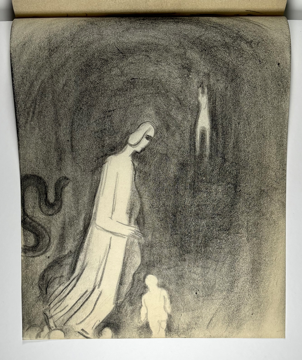 Skissebok, brun med svart rygg, liggende format, står Hans Gjesme frampå, ein del datert 1928, mykje mannsakt, mange frå Draumkvedet, katten, hest med stå, interiør.