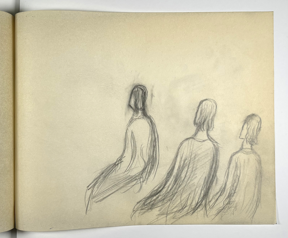 Skissebok, brun med svart rygg, liggende format, står Hans Gjesme frampå, ein del datert 1928, mykje mannsakt, mange frå Draumkvedet, katten, hest med stå, interiør.