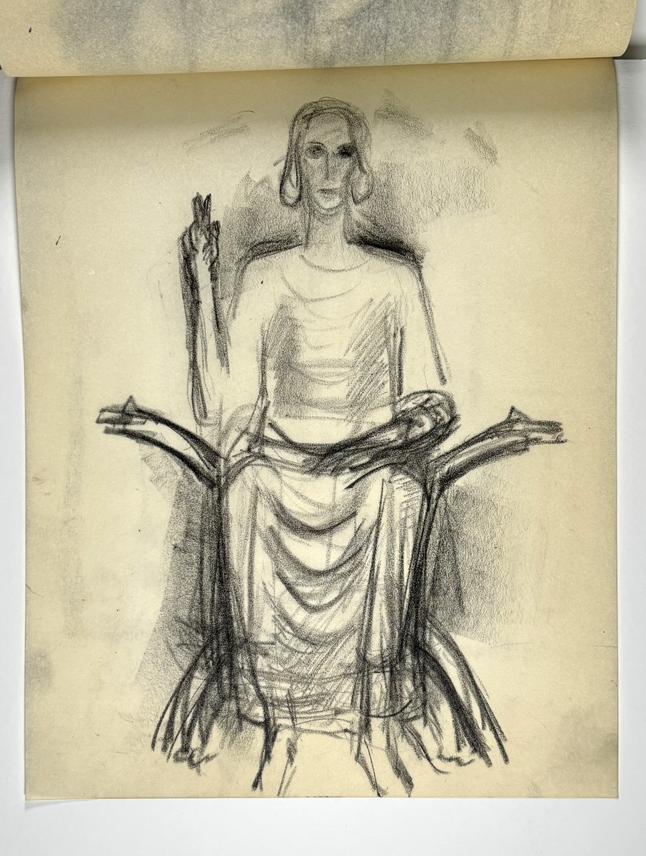 Skissebok, brun med svart rygg, liggende format, står Hans Gjesme frampå, ein del datert 1928, mykje mannsakt, mange frå Draumkvedet, katten, hest med stå, interiør.