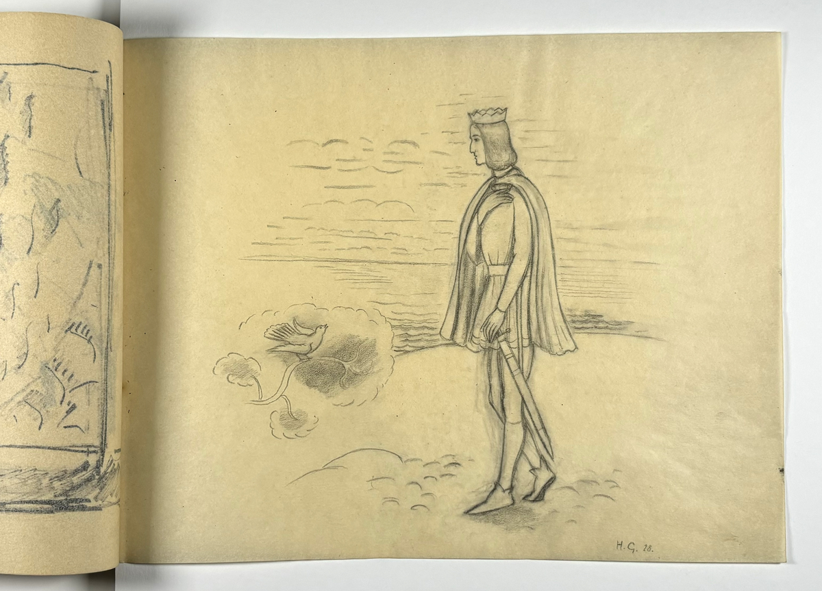Skissebok, brun med svart rygg, liggende format, står Hans Gjesme frampå, ein del datert 1928, mykje mannsakt, mange frå Draumkvedet, katten, hest med stå, interiør.