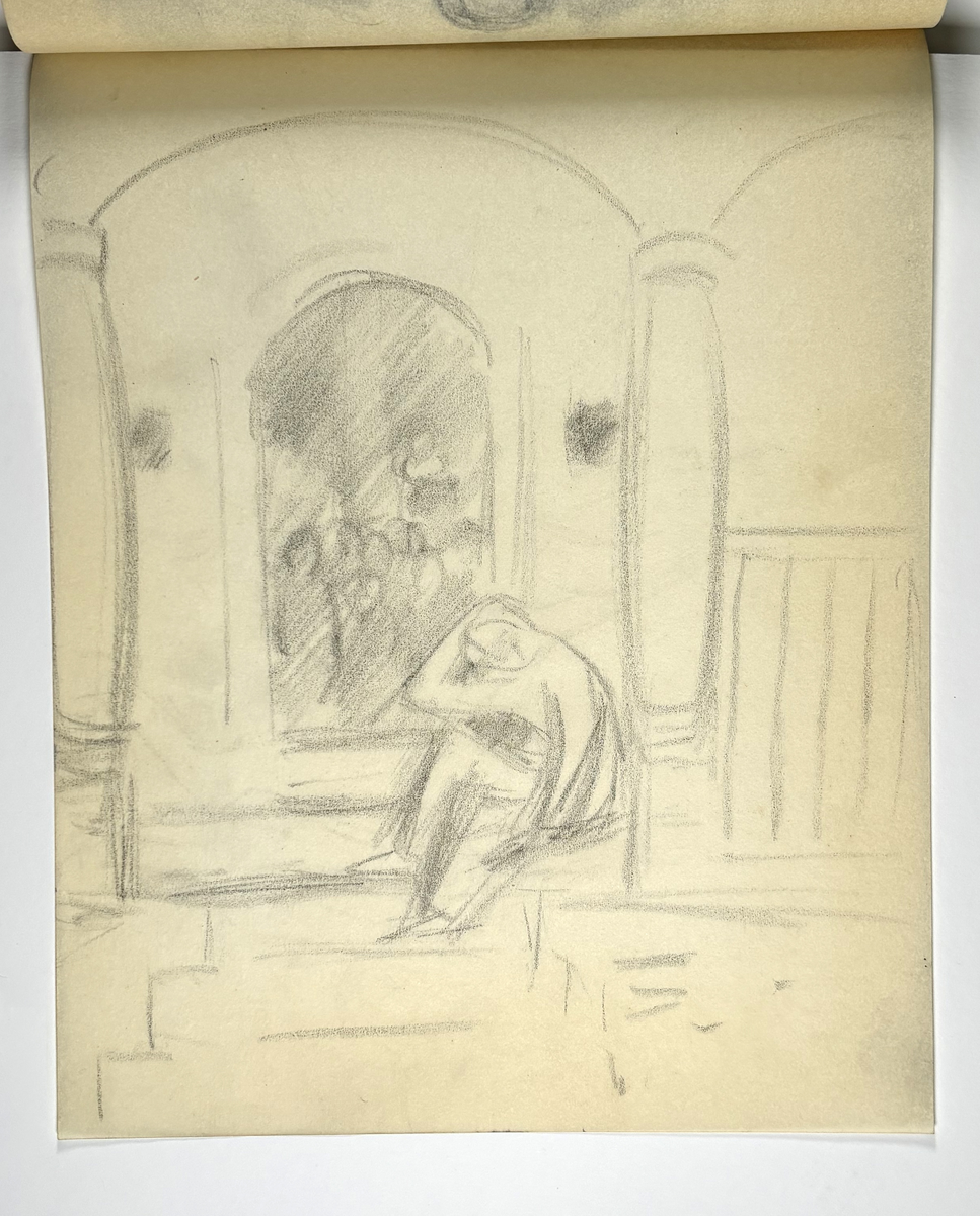 Skissebok, brun med svart rygg, liggende format, står Hans Gjesme frampå, ein del datert 1928, mykje mannsakt, mange frå Draumkvedet, katten, hest med stå, interiør.