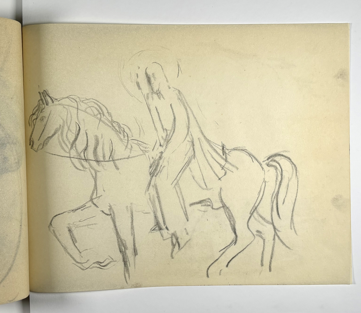 Skissebok, brun med svart rygg, liggende format, står Hans Gjesme frampå, ein del datert 1928, mykje mannsakt, mange frå Draumkvedet, katten, hest med stå, interiør.