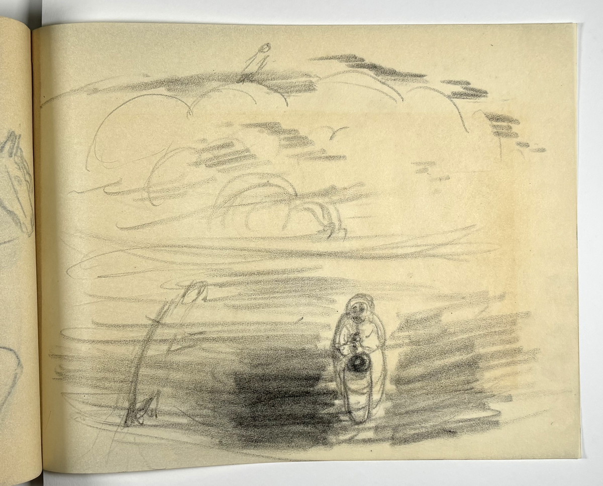 Skissebok, brun med svart rygg, liggende format, står Hans Gjesme frampå, ein del datert 1928, mykje mannsakt, mange frå Draumkvedet, katten, hest med stå, interiør.