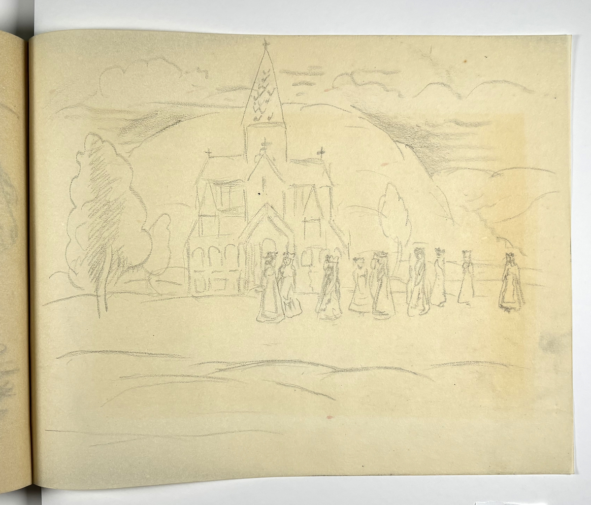 Skissebok, brun med svart rygg, liggende format, står Hans Gjesme frampå, ein del datert 1928, mykje mannsakt, mange frå Draumkvedet, katten, hest med stå, interiør.