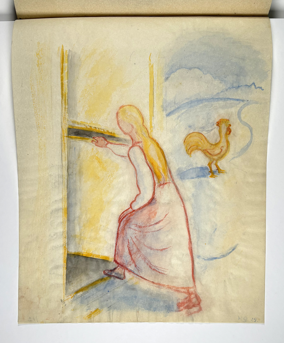 Skissebok, brun med svart rygg, liggende format, står Hans Gjesme frampå, ein del datert 1928, mykje mannsakt, mange frå Draumkvedet, katten, hest med stå, interiør.