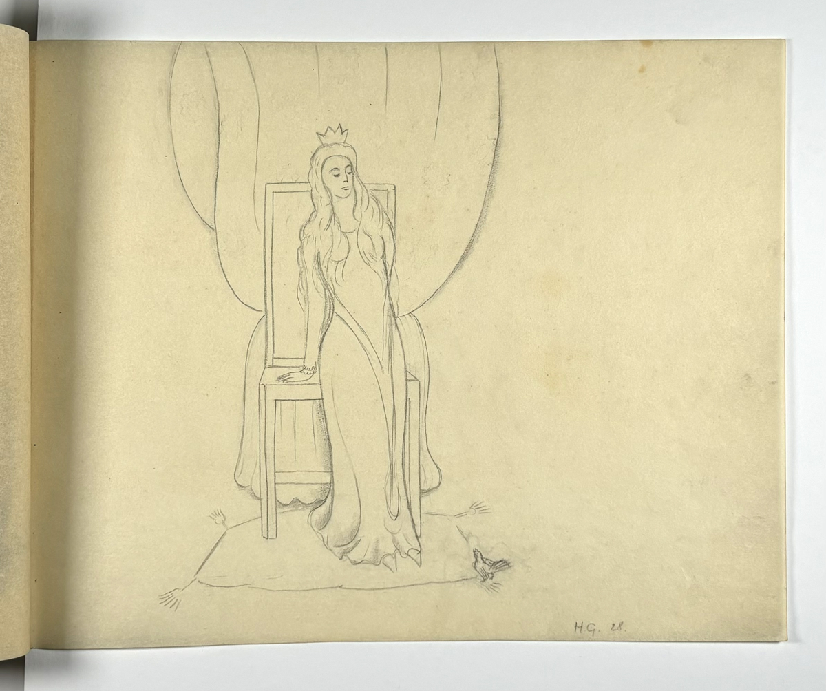 Skissebok, brun med svart rygg, liggende format, står Hans Gjesme frampå, ein del datert 1928, mykje mannsakt, mange frå Draumkvedet, katten, hest med stå, interiør.