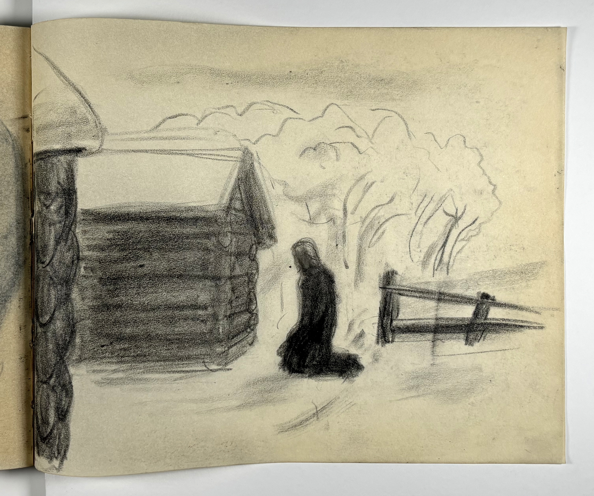 Skissebok, brun med svart rygg, liggende format, står Hans Gjesme frampå, ein del datert 1928, mykje mannsakt, mange frå Draumkvedet, katten, hest med stå, interiør.