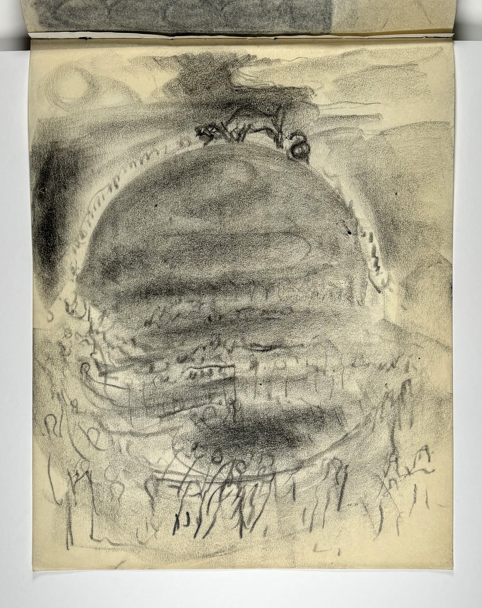 Skissebok, brun med svart rygg, liggende format, står Hans Gjesme frampå, ein del datert 1928, mykje mannsakt, mange frå Draumkvedet, katten, hest med stå, interiør.