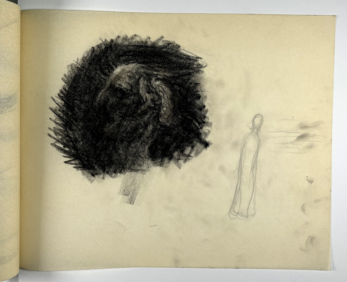 Skissebok, brun med svart rygg, liggende format, står Hans Gjesme frampå, ein del datert 1928, mykje mannsakt, mange frå Draumkvedet, katten, hest med stå, interiør.