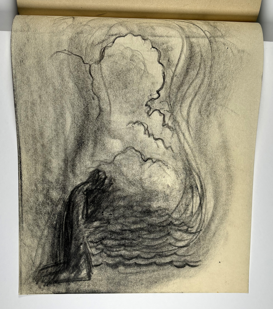 Skissebok, brun med svart rygg, liggende format, står Hans Gjesme frampå, ein del datert 1928, mykje mannsakt, mange frå Draumkvedet, katten, hest med stå, interiør.