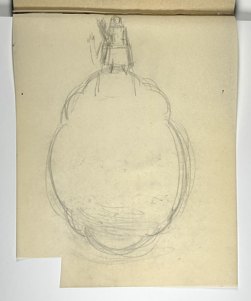 Skissebok, brun med svart rygg, liggende format, står Hans Gjesme frampå, ein del datert 1928, mykje mannsakt, mange frå Draumkvedet, katten, hest med stå, interiør.