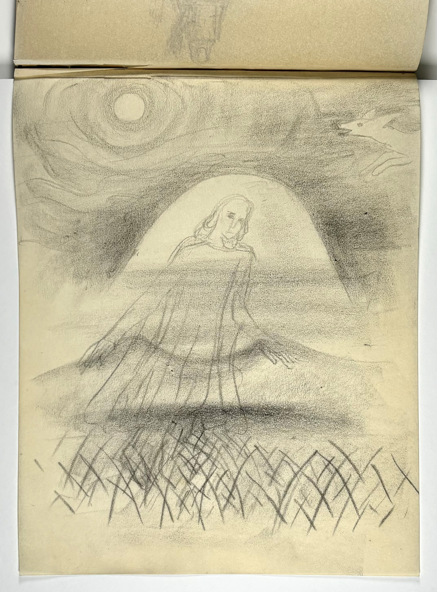 Skissebok, brun med svart rygg, liggende format, står Hans Gjesme frampå, ein del datert 1928, mykje mannsakt, mange frå Draumkvedet, katten, hest med stå, interiør.