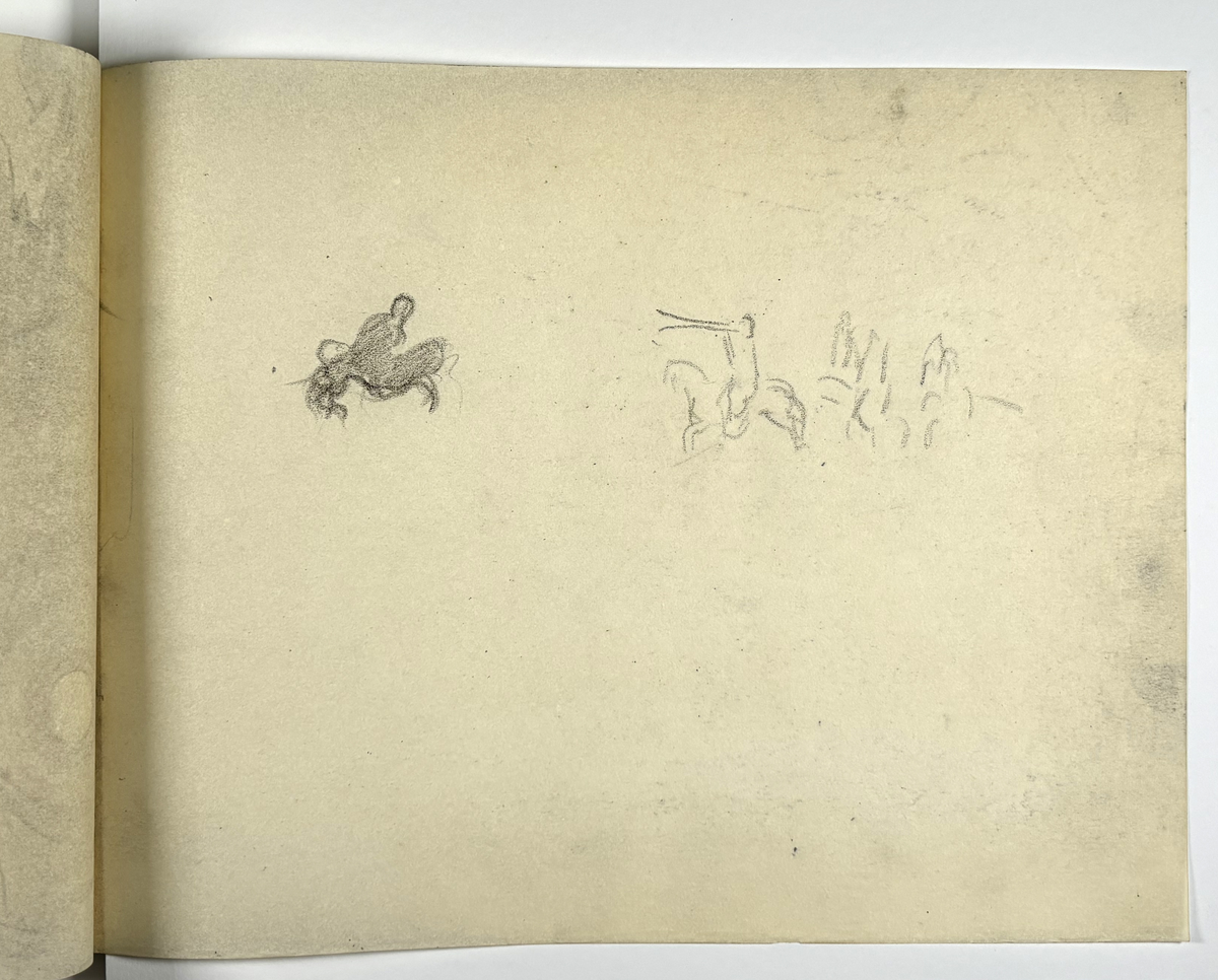 Skissebok, brun med svart rygg, liggende format, står Hans Gjesme frampå, ein del datert 1928, mykje mannsakt, mange frå Draumkvedet, katten, hest med stå, interiør.