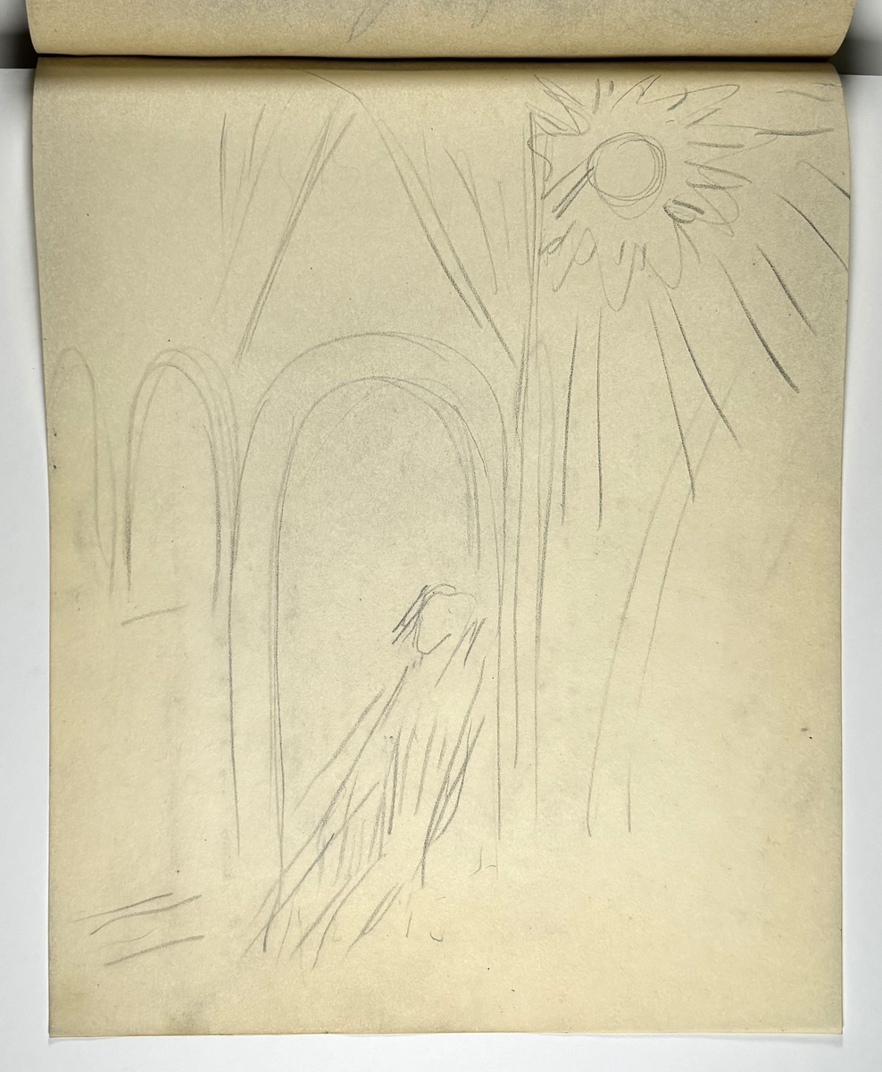 Skissebok, brun med svart rygg, liggende format, står Hans Gjesme frampå, ein del datert 1928, mykje mannsakt, mange frå Draumkvedet, katten, hest med stå, interiør.
