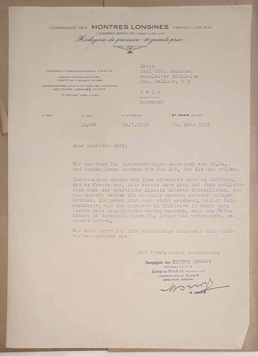 6 brev til Carl-Otto Jacobsen, invitasjon til åpning av Olympialeirer, invitasjon til middag, takk for innsats i organisasjonskomiteen og to brev på tysk med takk for samarbeidet.