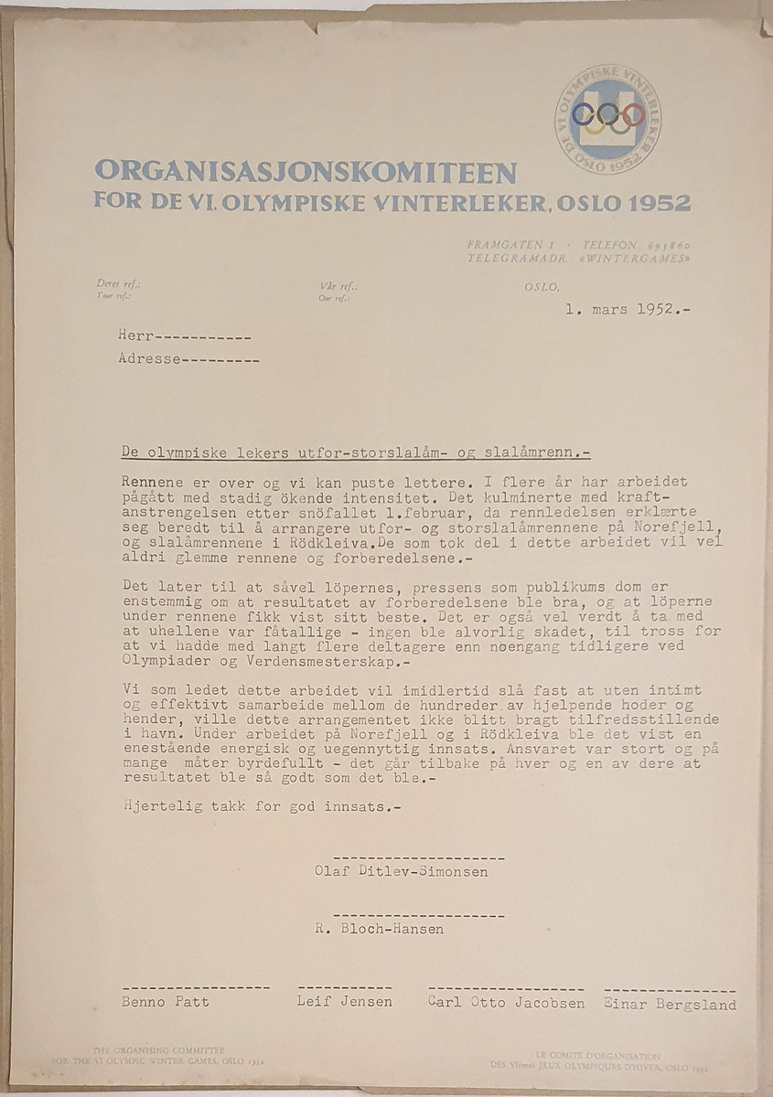 6 brev til Carl-Otto Jacobsen, invitasjon til åpning av Olympialeirer, invitasjon til middag, takk for innsats i organisasjonskomiteen og to brev på tysk med takk for samarbeidet.