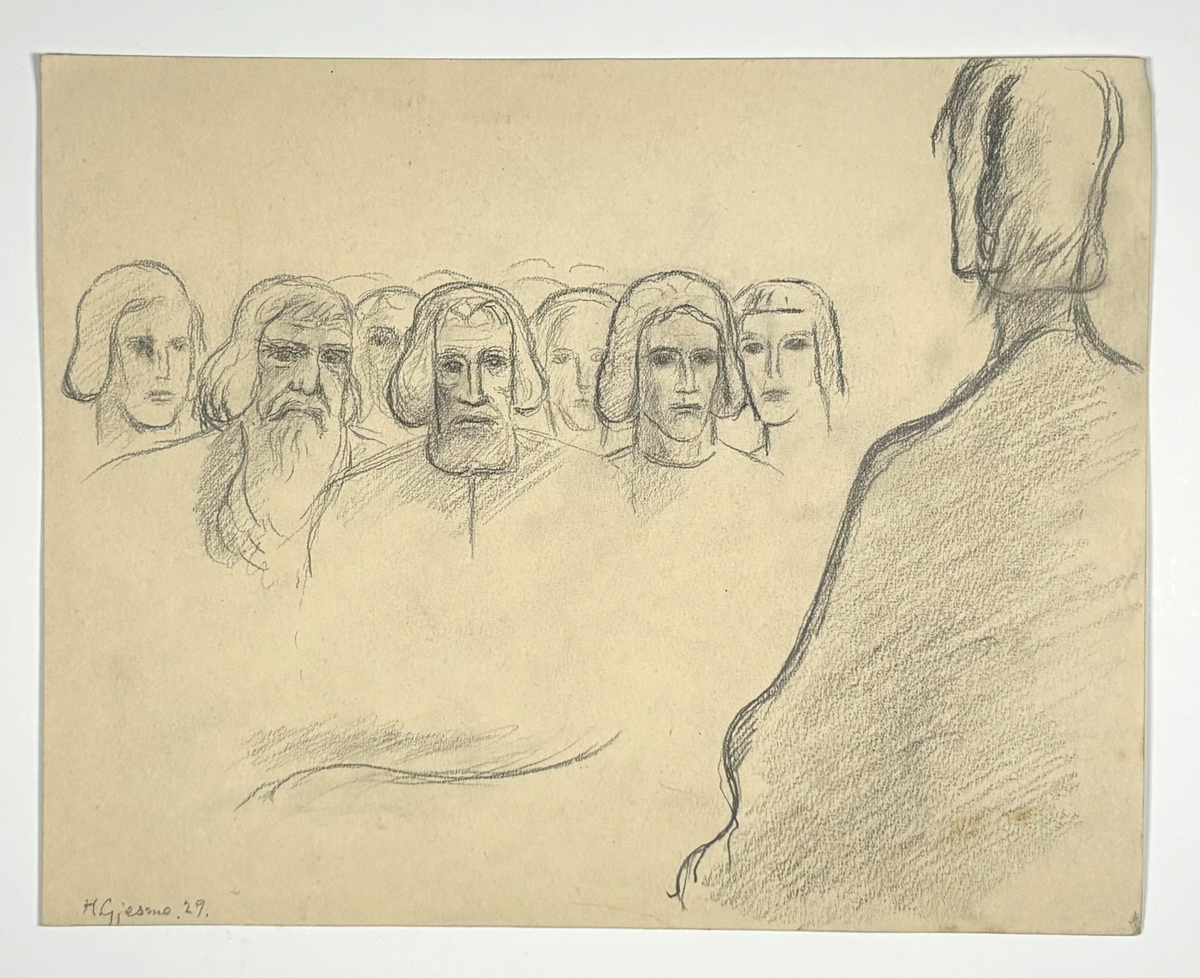 Motiv frå Draumkvedet. Olav Åsteson talar til gamle og unge menn