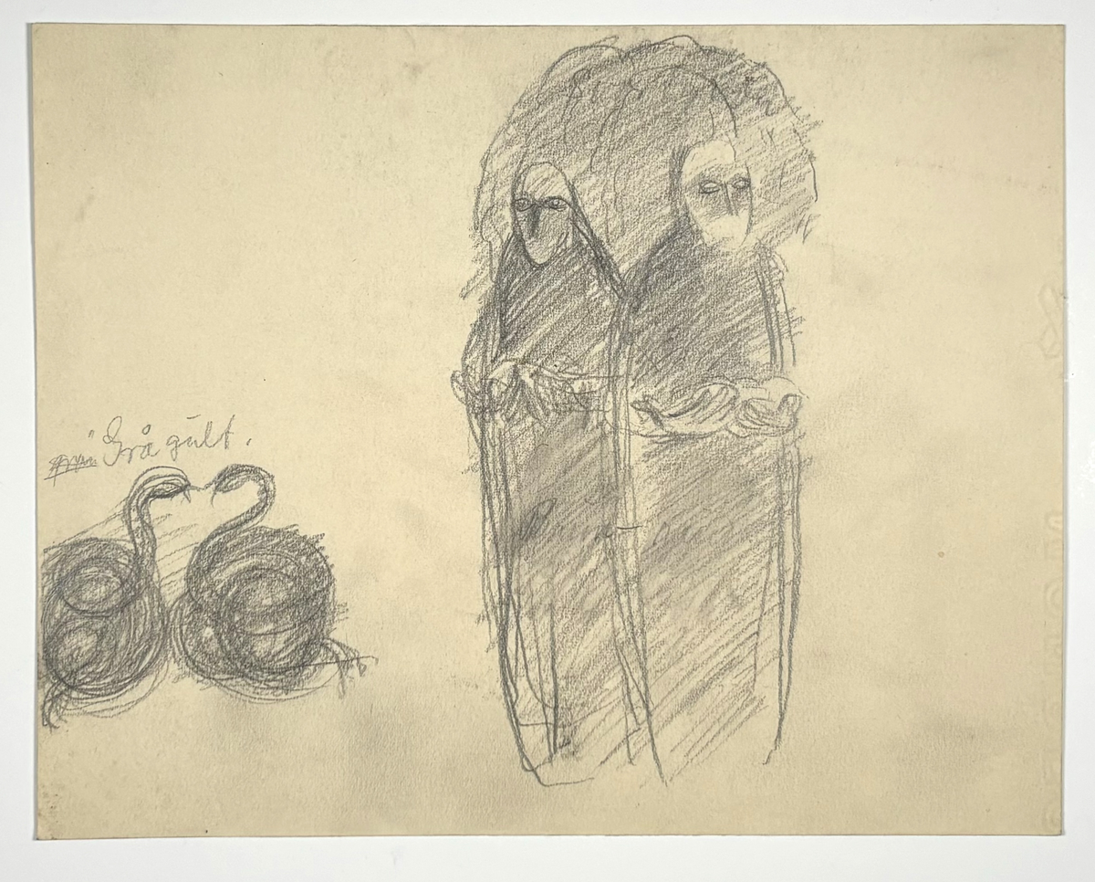 Motiv frå Draumkvedet. Dei to ormane og mennene som ber på jord.