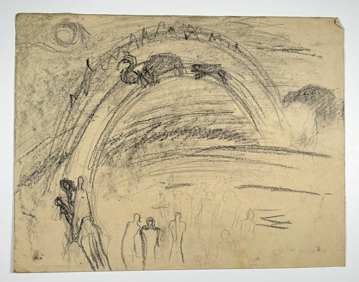 Motiv frå Draumkvedet. Åsteson er på veg på hesten sin over brua. På brua står slange, okse og hund, månen skin, troll ved hin enden av brua, menneskemengde under brua.