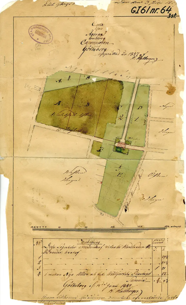 """Charta öfwer Stadens ouplåtne Jord Kring Caponnieren författad år 1818.."". ""Carta öfwer Ägorne omkring Caponnieren vid Götheborg upprättad år 1827.."" [Kartor över ägorna omkring Kaponjärkanalen] Även utlåtande."