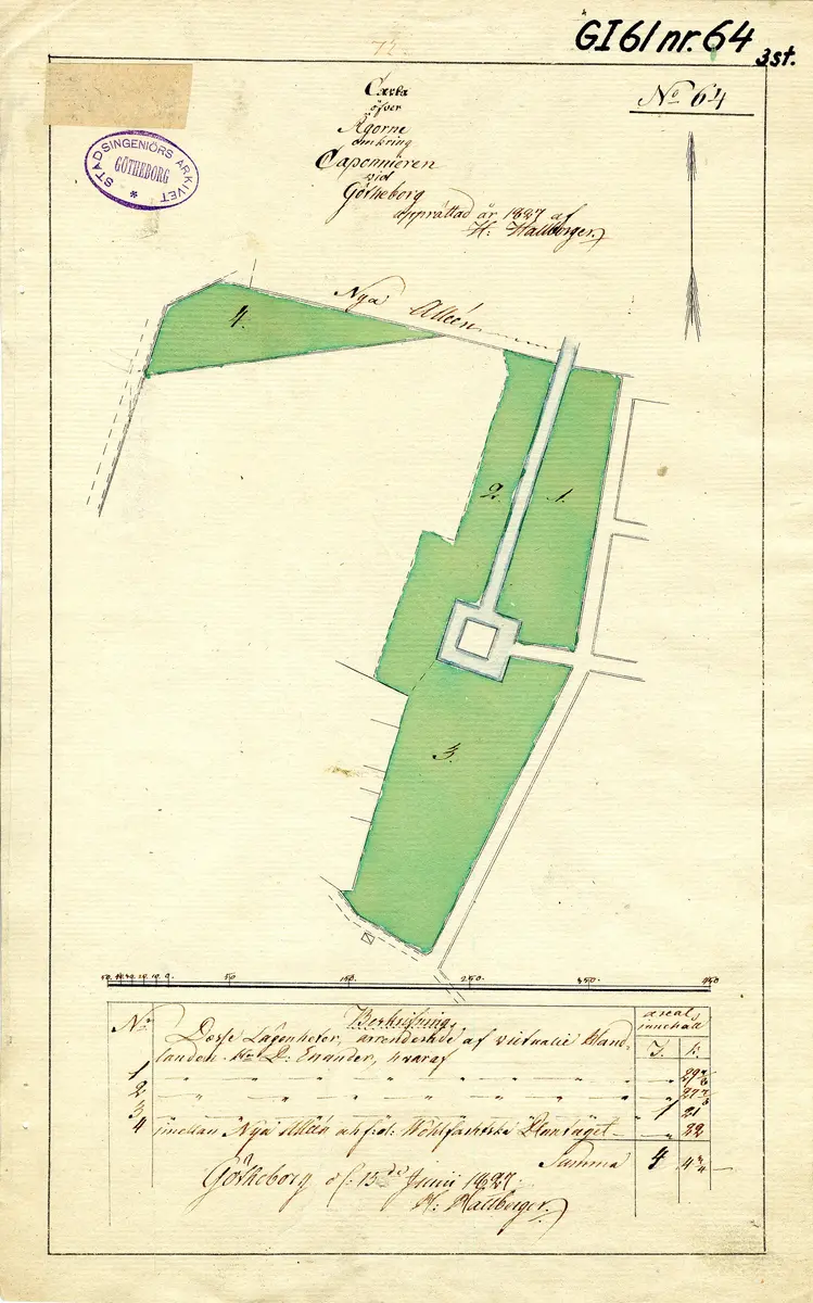 """Charta öfwer Stadens ouplåtne Jord Kring Caponnieren författad år 1818.."". ""Carta öfwer Ägorne omkring Caponnieren vid Götheborg upprättad år 1827.."" [Kartor över ägorna omkring Kaponjärkanalen] Även utlåtande."