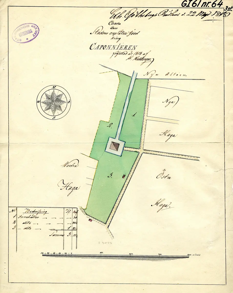 """Charta öfwer Stadens ouplåtne Jord Kring Caponnieren författad år 1818.."". ""Carta öfwer Ägorne omkring Caponnieren vid Götheborg upprättad år 1827.."" [Kartor över ägorna omkring Kaponjärkanalen] Även utlåtande."