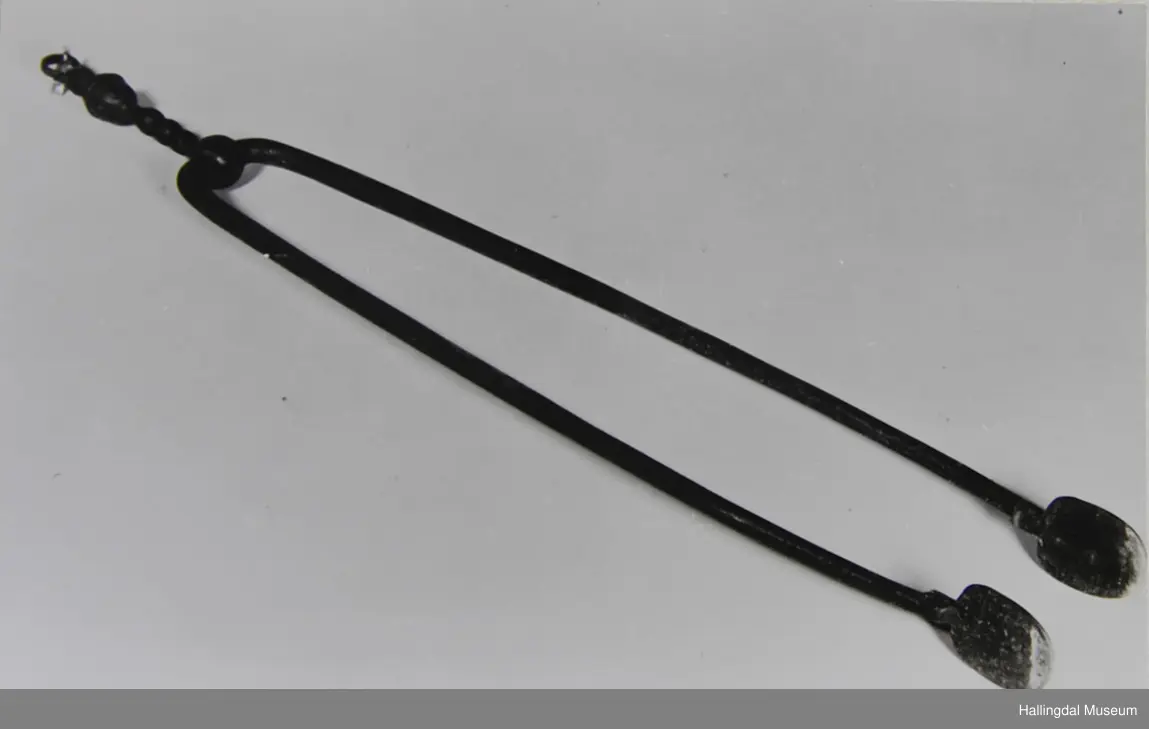 2 jernstenger, rundt tverrsnitt, enden flatbanket, sirkulær i den ene enden. I den andre enden bøy mot hverandre og festet sammen slik at de kan dreie. Den ene fortsetter i skaft, profilert, ender i løkke.