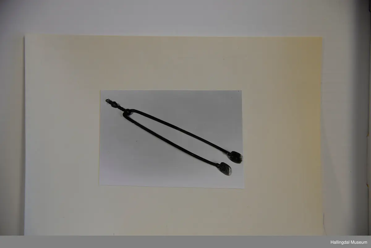 2 jernstenger, rundt tverrsnitt, enden flatbanket, sirkulær i den ene enden. I den andre enden bøy mot hverandre og festet sammen slik at de kan dreie. Den ene fortsetter i skaft, profilert, ender i løkke.