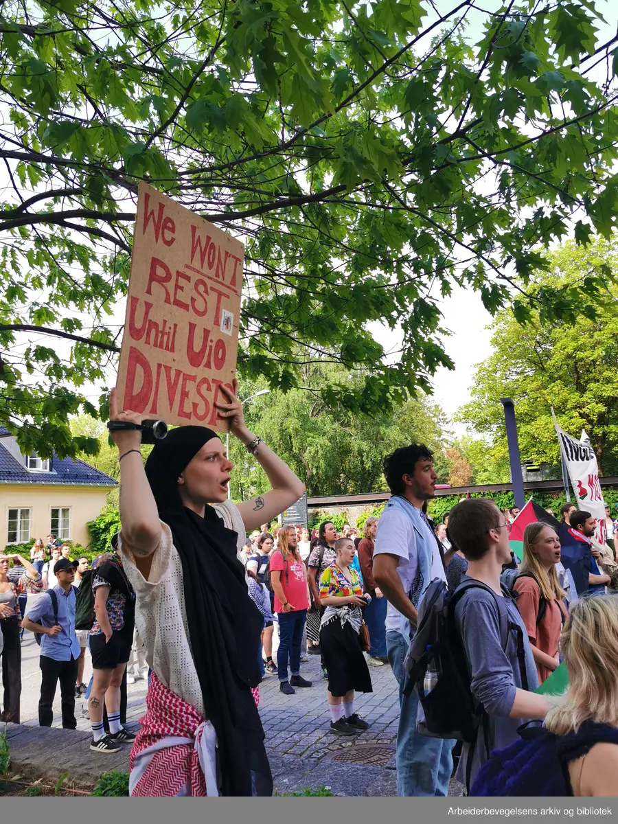 Juni 2024, Universitetet I Oslo. Studenter ønsker akademisk boikott av Israel til støtte for Palestina.