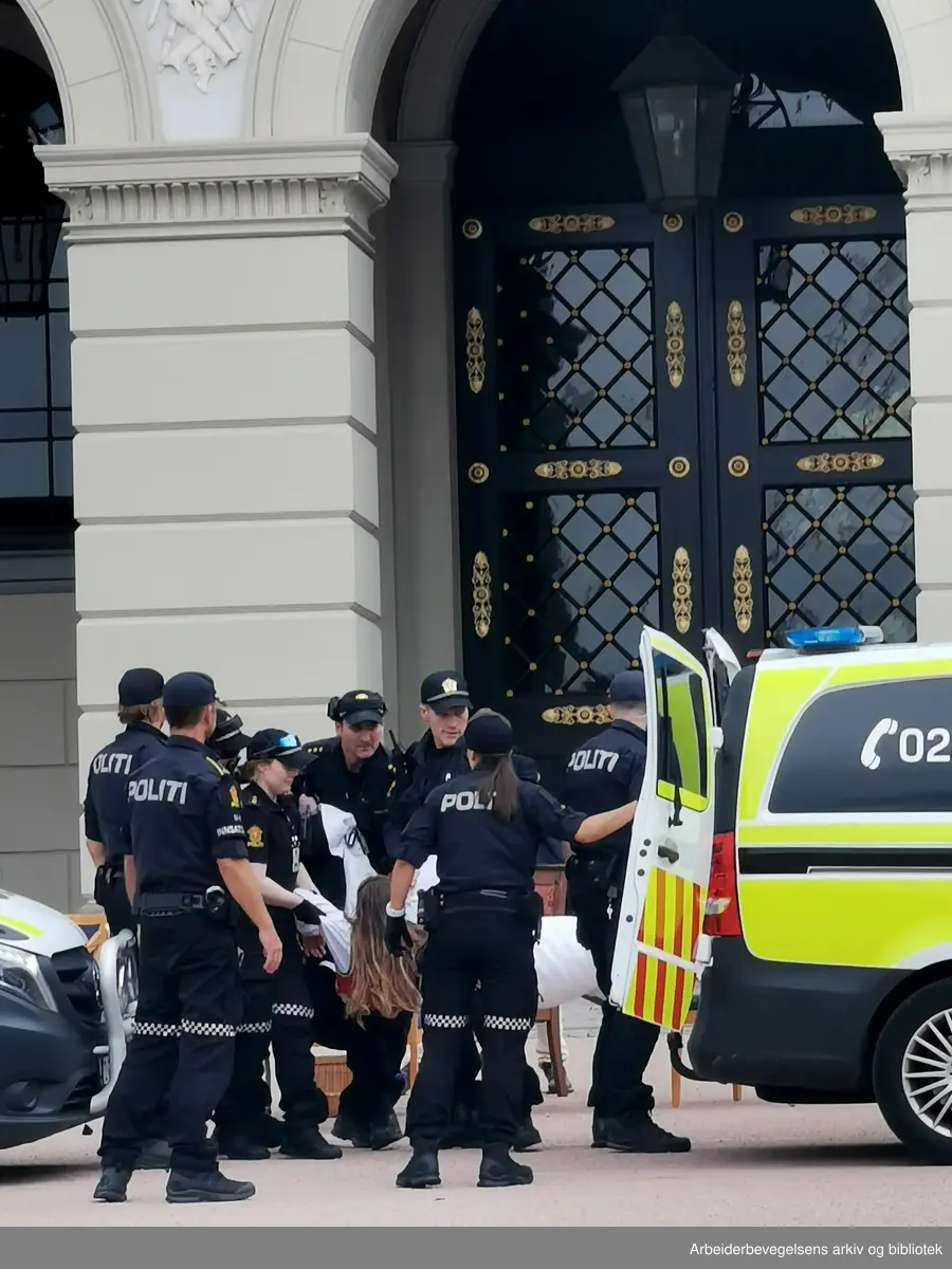 Extinction Rebellion akjonerer på slottsplassen mot at kongehuset er kongelig beskytter av en av verdens største oljekonferanser – ONS. 20.august 2024. Aksjonistene blir til slutt båret vekk av politi.
